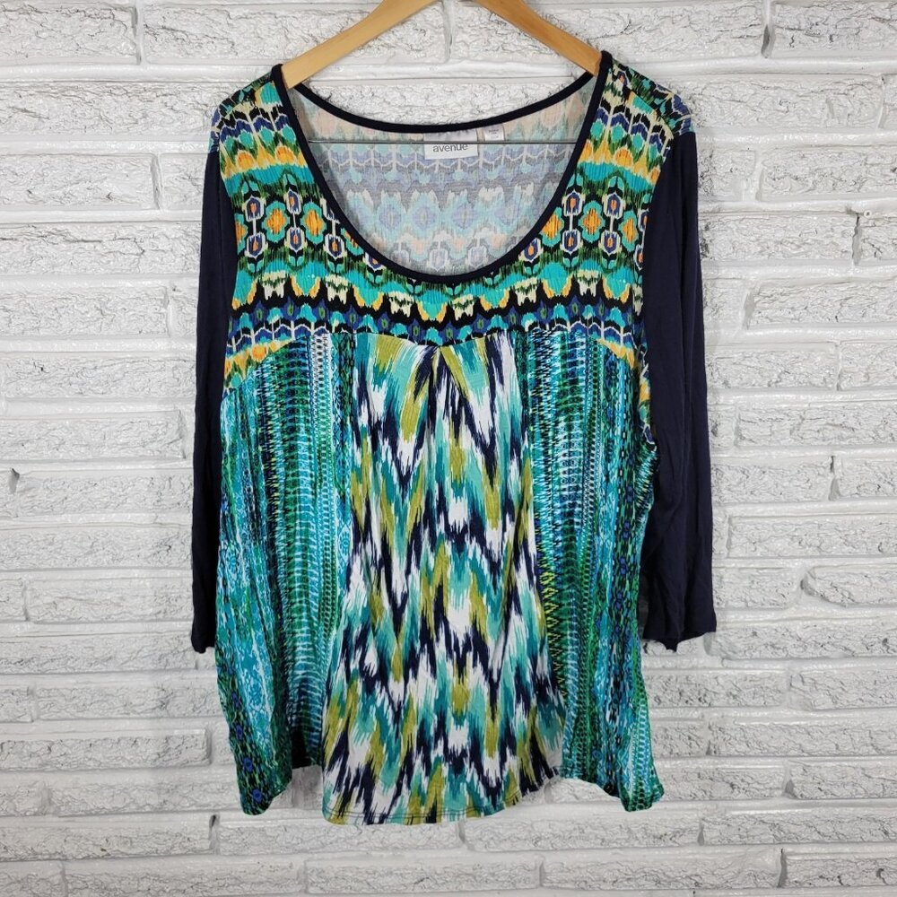 Avenue Women's 22/24 Plus Blue‎ Watercolor Boat Neck 3/4 Sleeve Blouse WAT78E
